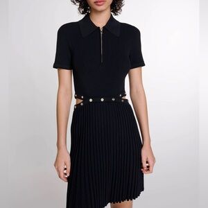 Maje Black Mini Dress with Zipper and Pleated Skirt